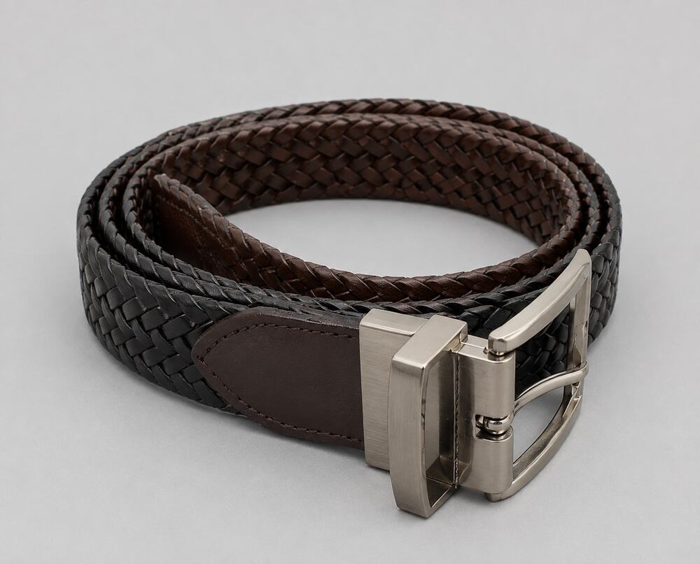 Men’s Reversible Braided Belt Black Brown Size 32 Silver Tone Buckle